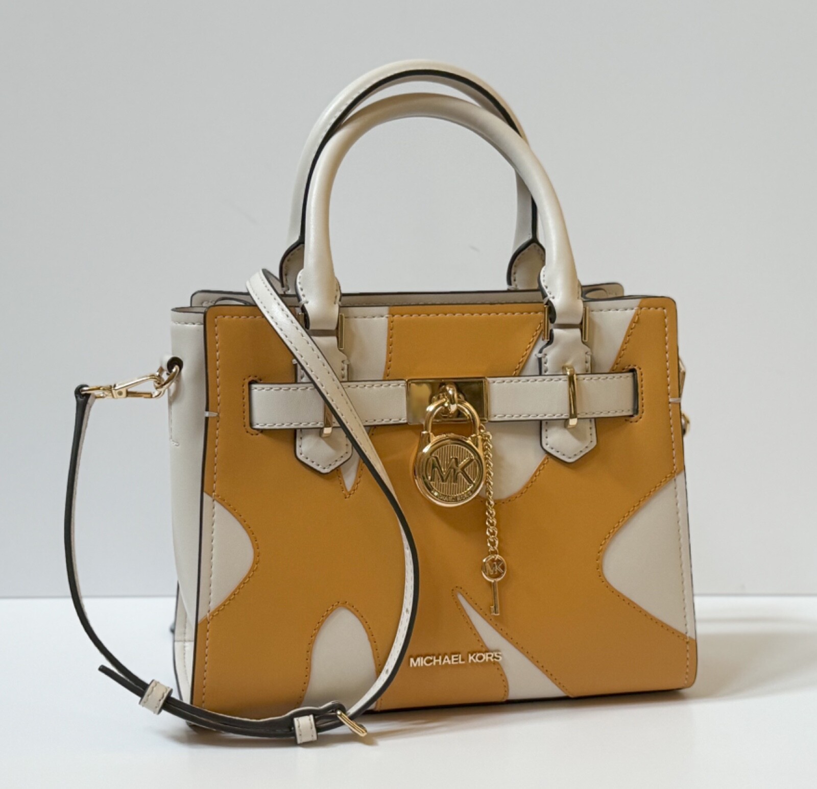 MICHAEL KORS HAMILTON SM SATCHEL SHOULDER BAG GRAPHIC LOGO GOLDEN ROD MULTI