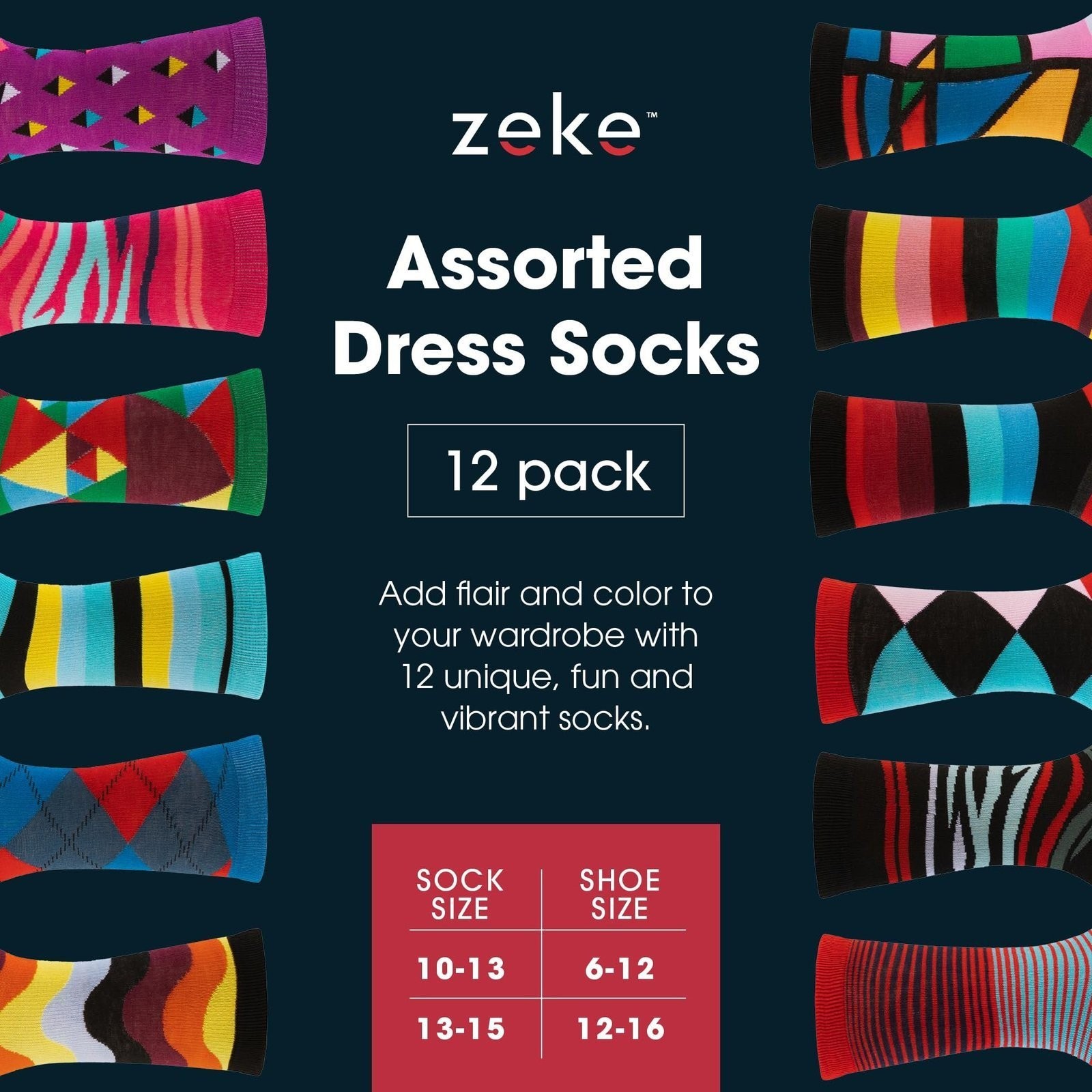 ZEKE Men’s Dress Socks Funky Fun Colorful Crew Socks 12 Assorted Patterns