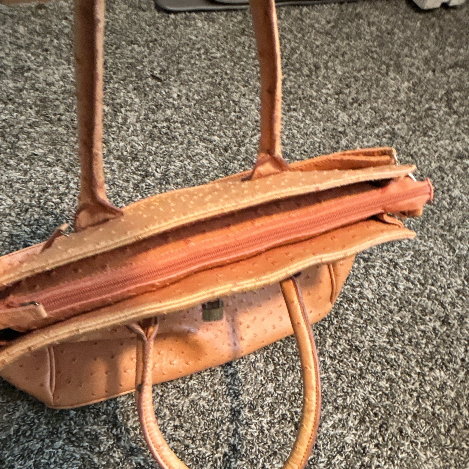 Ostrich Embossed Tan Large Satchel Top Handle, Detachable Strap, Zip/Lock