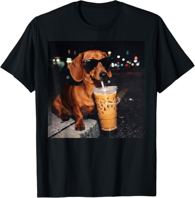 Funny Dachshund Drinking Iced Coffee Lover Humor T-Shirt