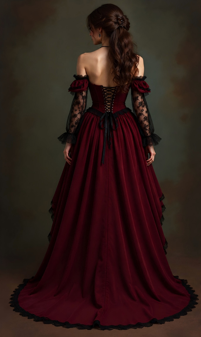 Gothic Corset High Low Train Burgundy Sleeve Victorian Halloween Party Dresses