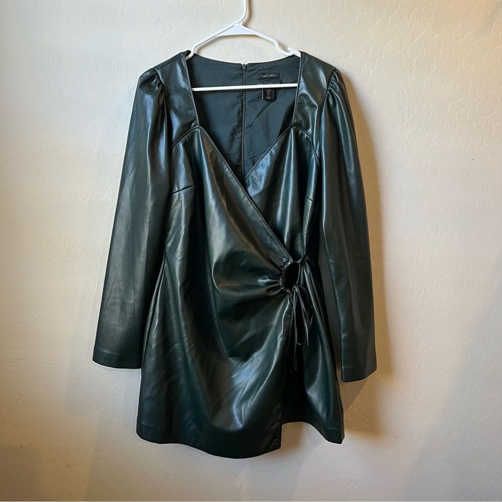 House of Harlow 1960 Black Vegan Leather Long Sleeve Mini Wrap Dress NWOT large