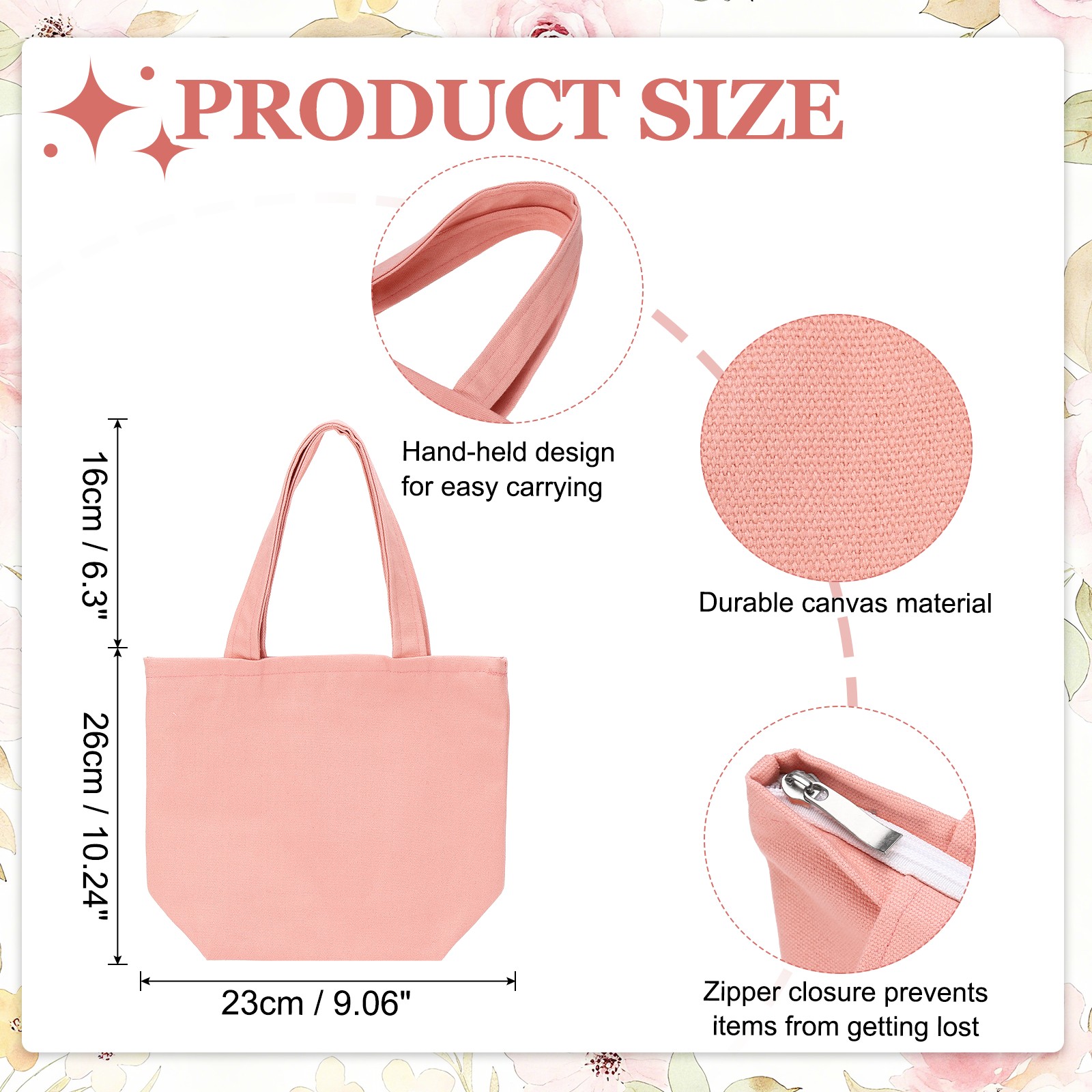 Blank Tote Bag with Zipper 10.2″ x 3.9″ Reusable Shopping Handbags Pink