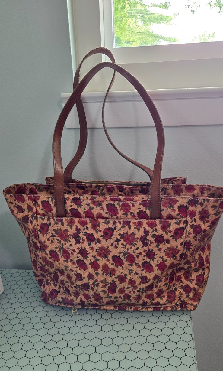 Patricia Nash Silvi Tan Rosso Fiori Travel Tote Coated Canvas & Leather