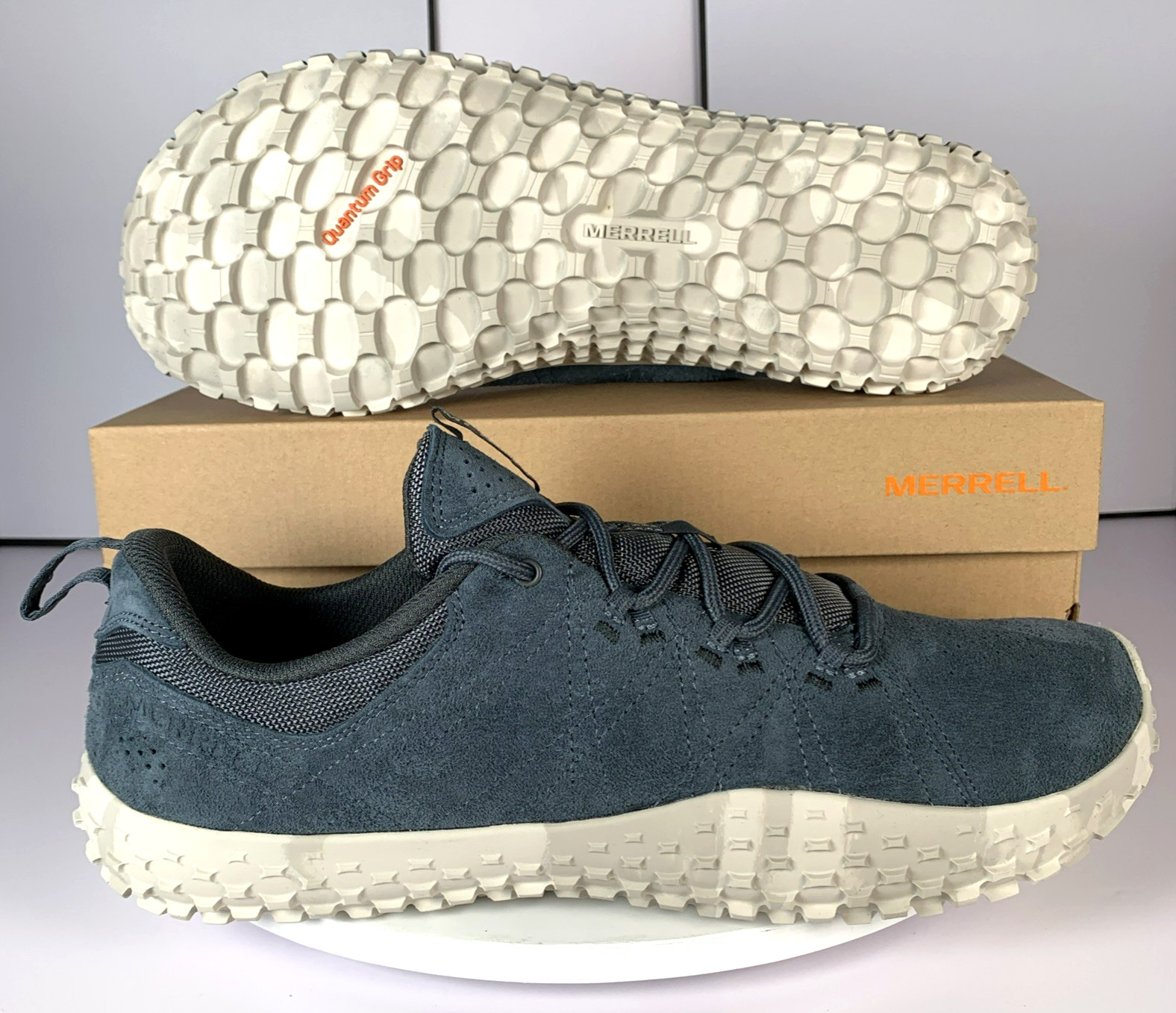 Merrell Mens Wrapt Slate Blue Gray Barefoot Minimalist Suede Sneaker Shoes, 13