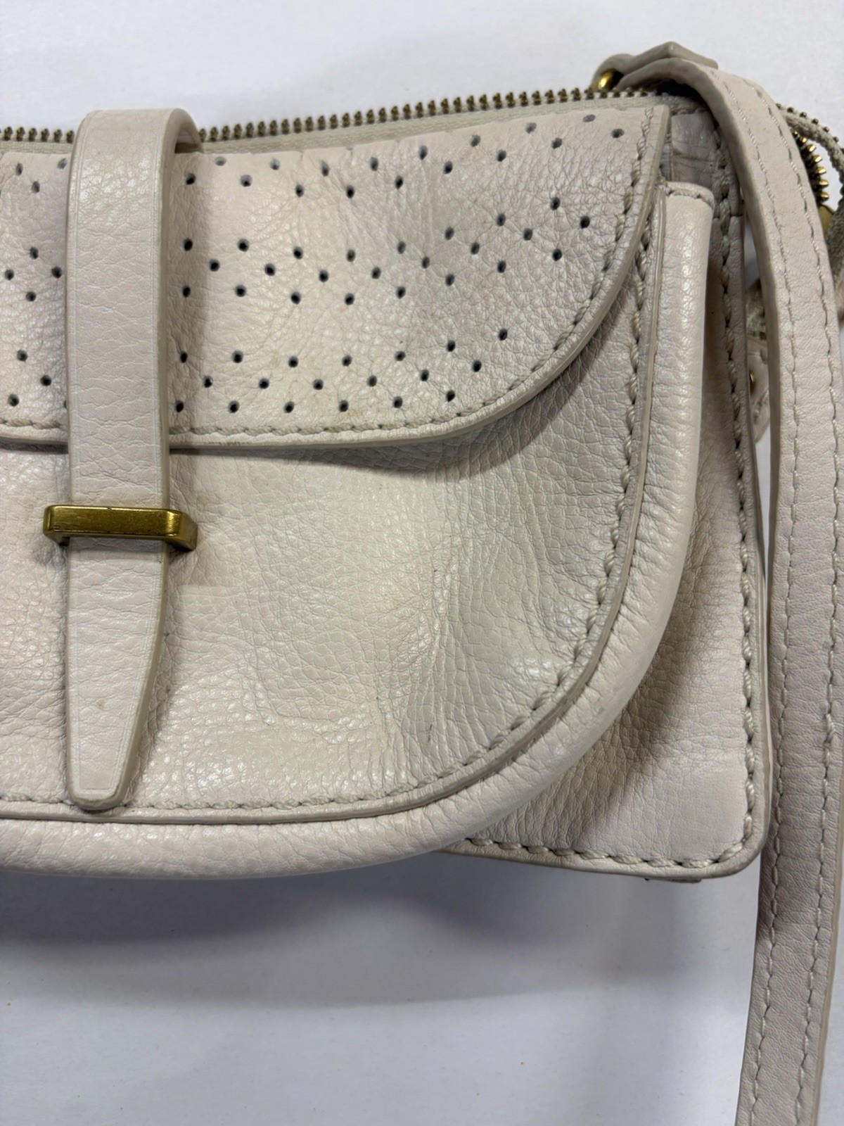 Fossil Leather Crossbody Bag Cream Ivory Pebbled Small Purse Gold