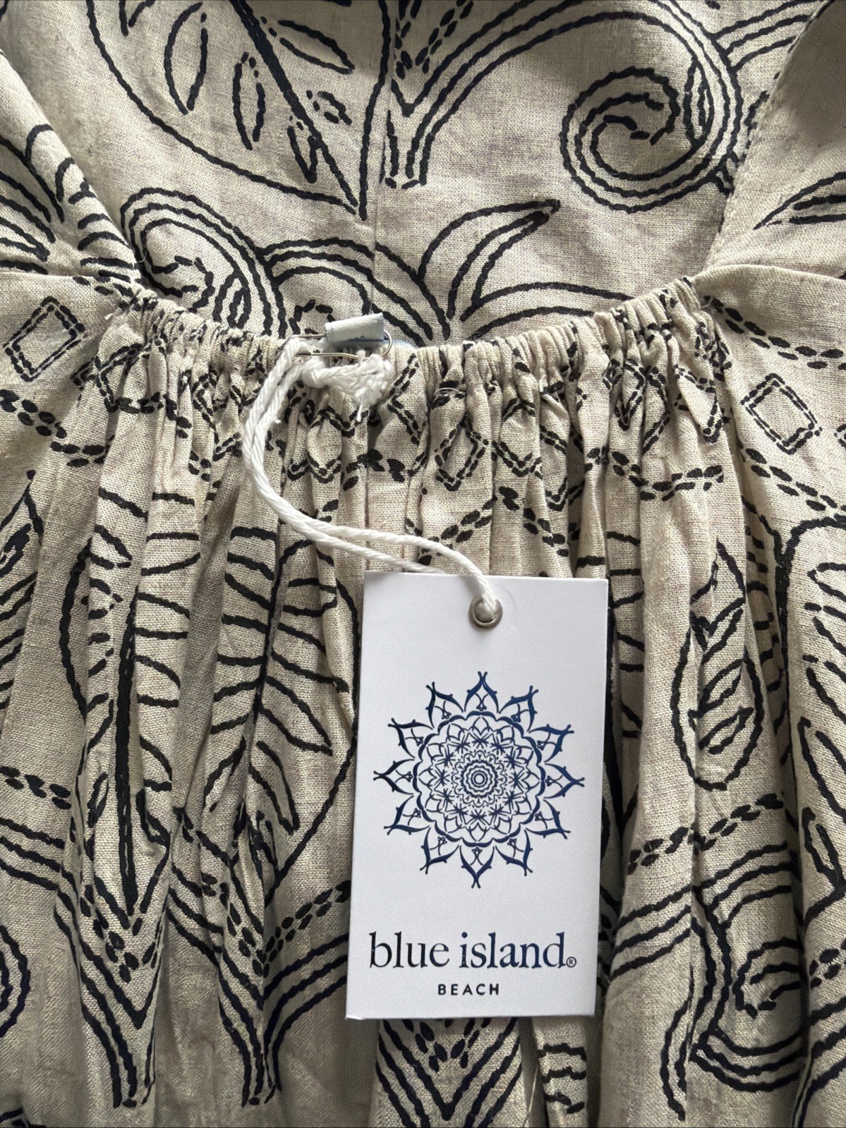 NWT Blue Island Tropical Boho Linen Blend Mini Dress Coverup Neutral Open Back M