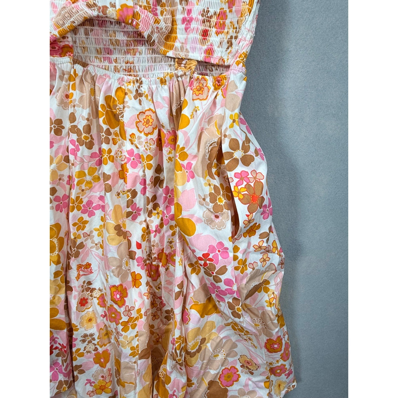 Altar’d State Retro Floral Smocked Mini Dress Pink Orange Small Cutout Back