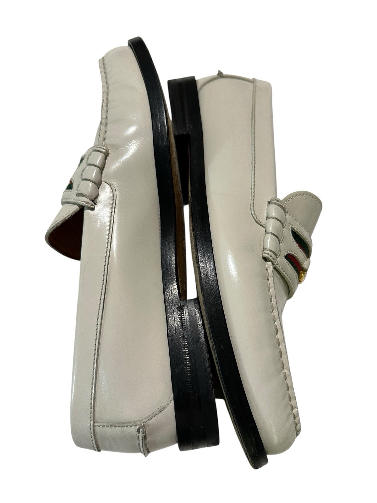 Men Genuine GUCCI Kaveh Webbing White Leather Loafers Shoes GG logo 9.5 US