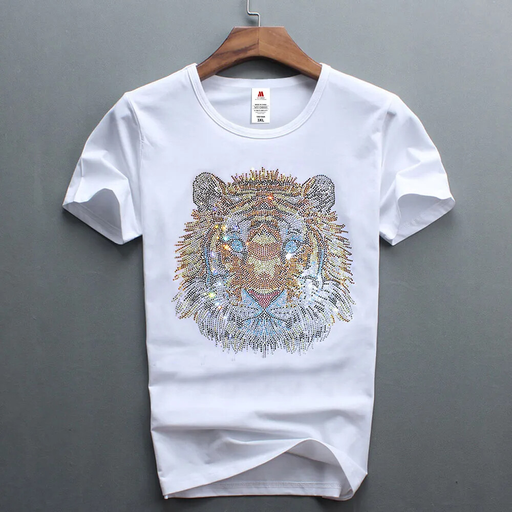 New Fashion Tiger Rhinestones Summer Short Sleeve Luxury Men Designer T-Shirt