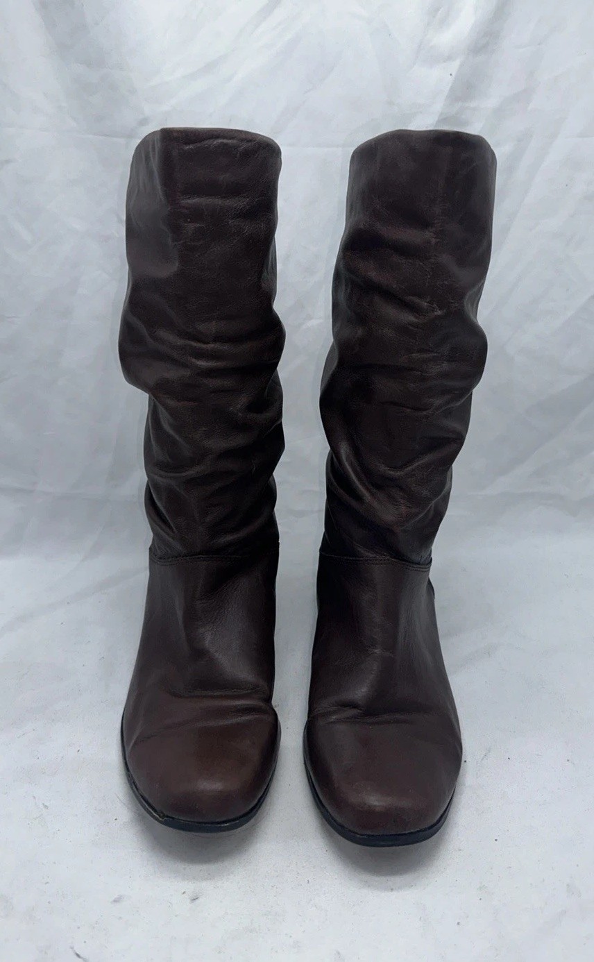 Women’s Brown Leather Mid Calf Boots Size 9M Flat Casual Riding Boots
