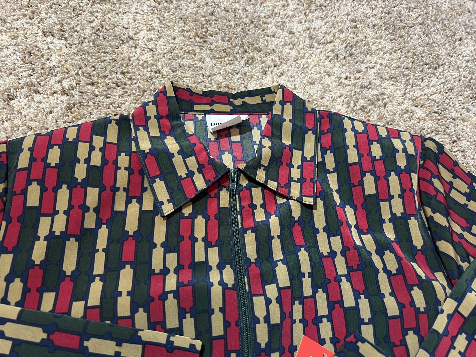 BonWorth VTG Long Sleeve Zip Up Shoulder Pads MultiColor Geometric Blouse SP