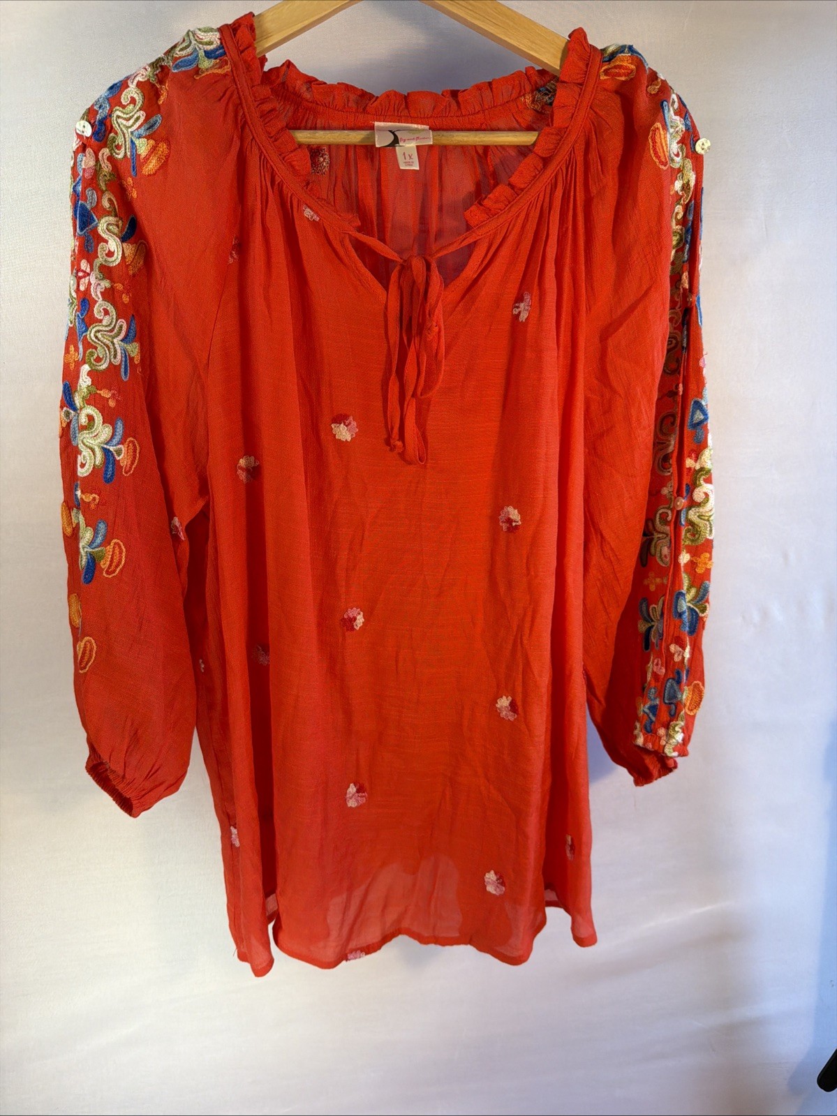 Fig And Flower Red Womens Tie Front Blouse With Bohemian Embroidery