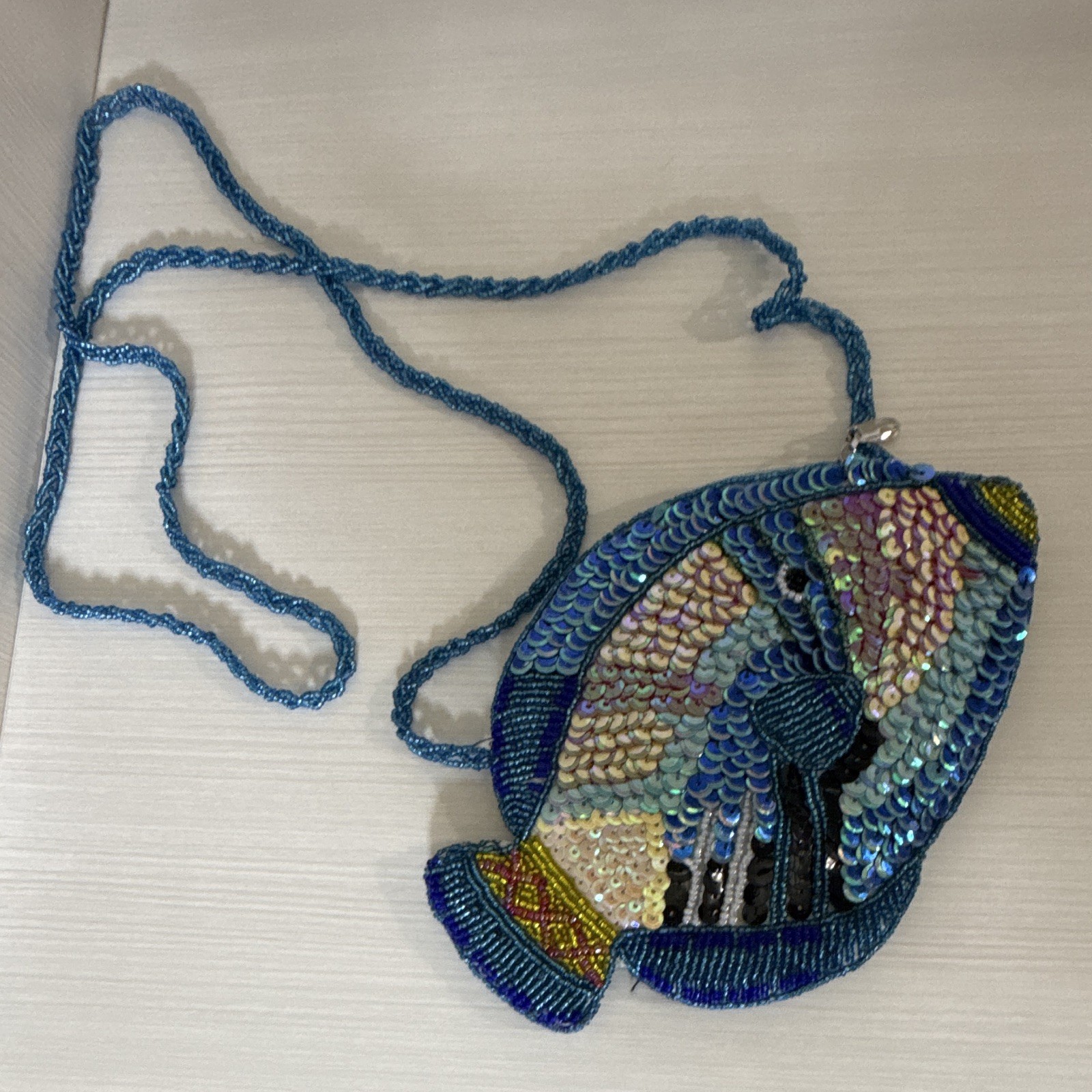 Maxi By Design Blue Multicolor Fish Crossbody Bag Beaded Sequin Zip Lined