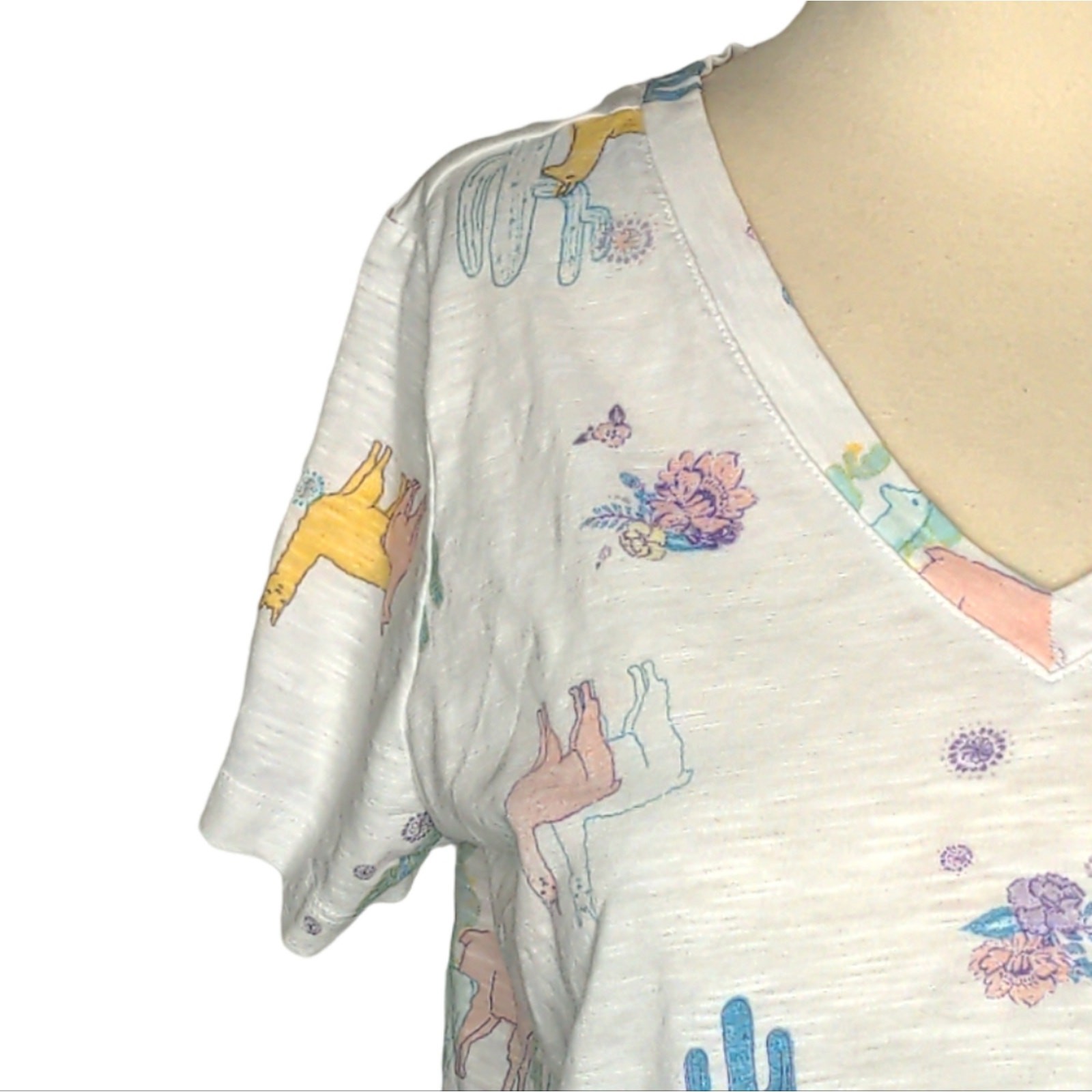 MUDD Roadtrip Tee White Llama Cactus Floral V-Neck Burnout Tee Small
