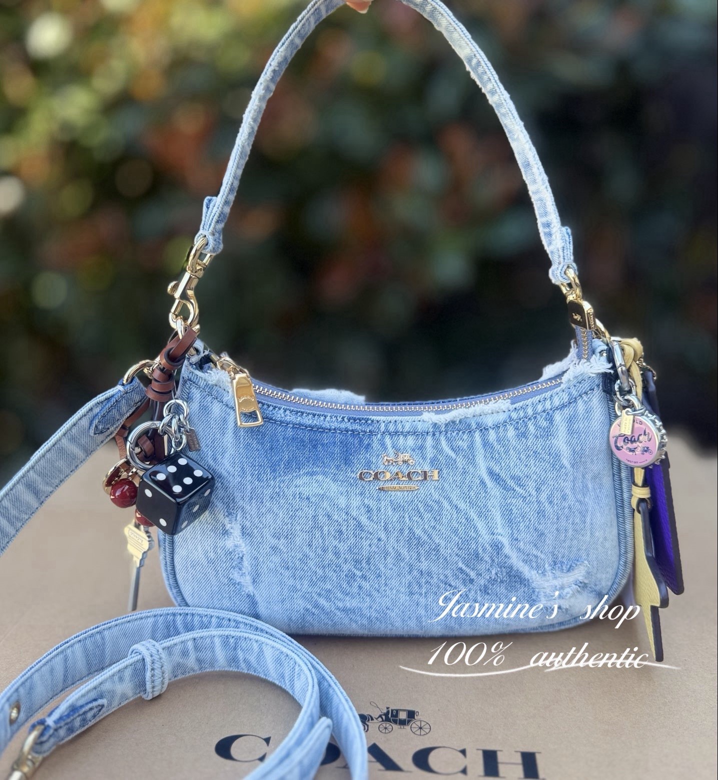 NWT Coach Teri Shoulder Bag In Loved Denim With Charms, CDY76 Light Indigo