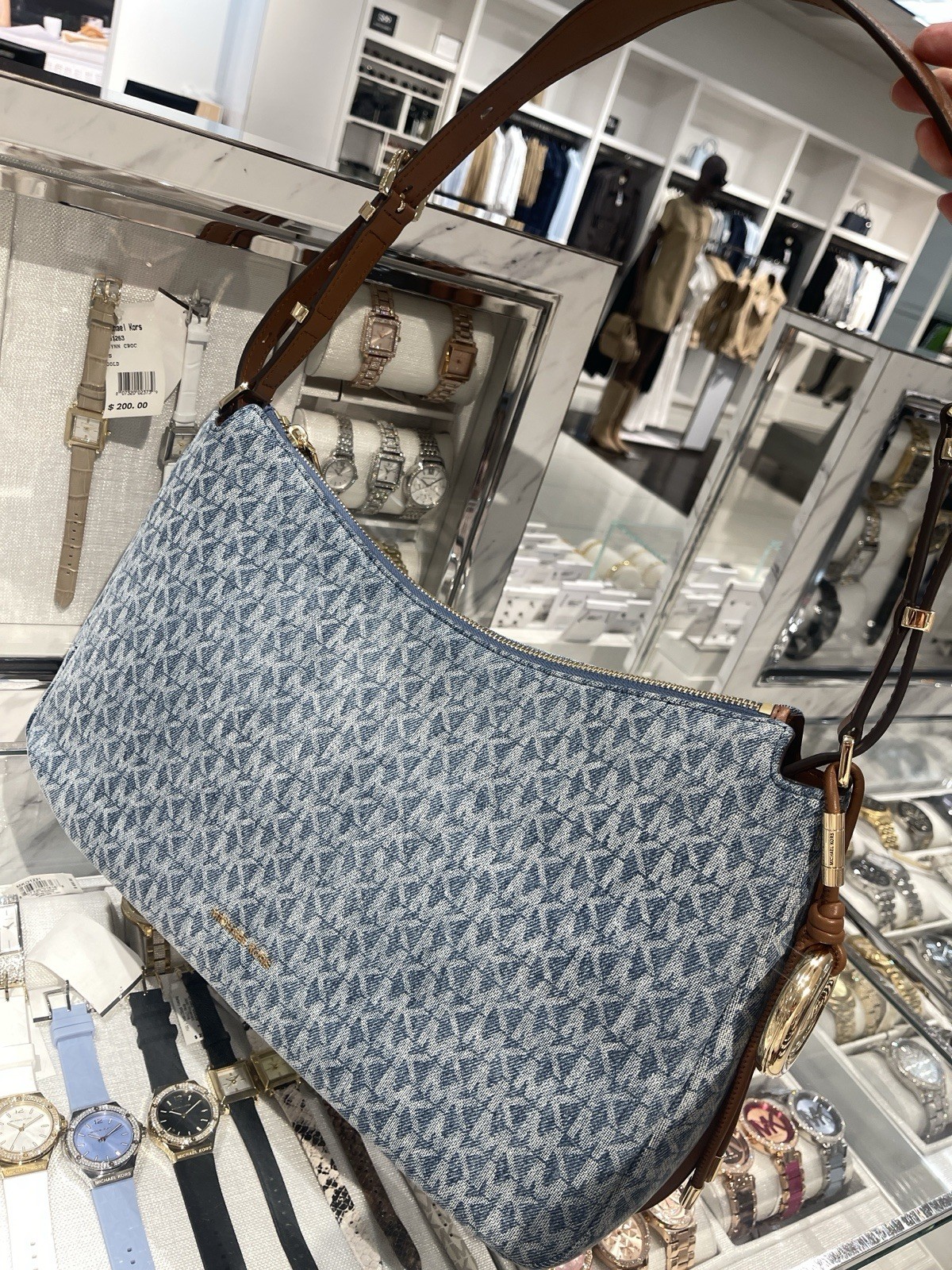 MICHAEL KORS Nolita Medium Signature Logo Print Denim Convertible Should NWT