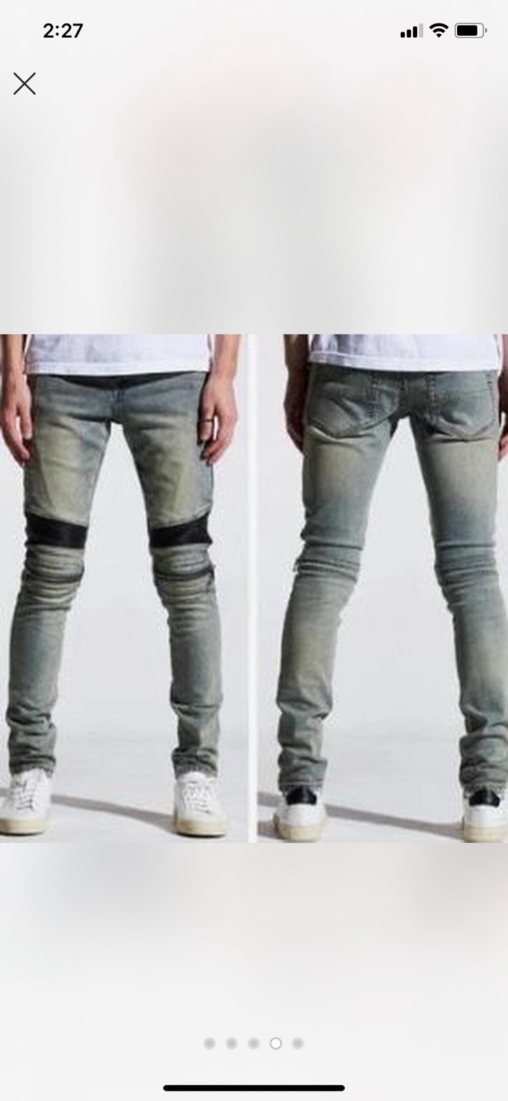 Men’s Gray Biker Slim Skinny Denim Jeans Zipper Accents Ribbed Knees
