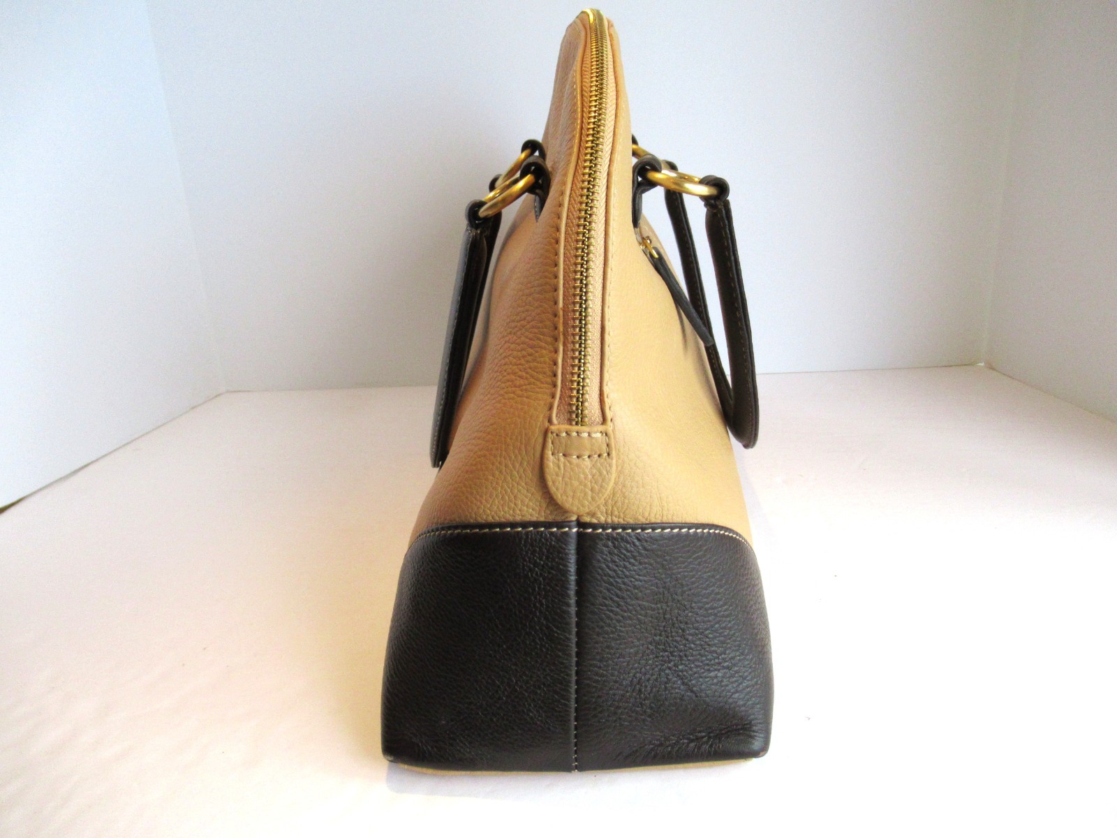 Celsius Large Leather Handbag/Purse Black and Tan Gold Tone Metal Hardware