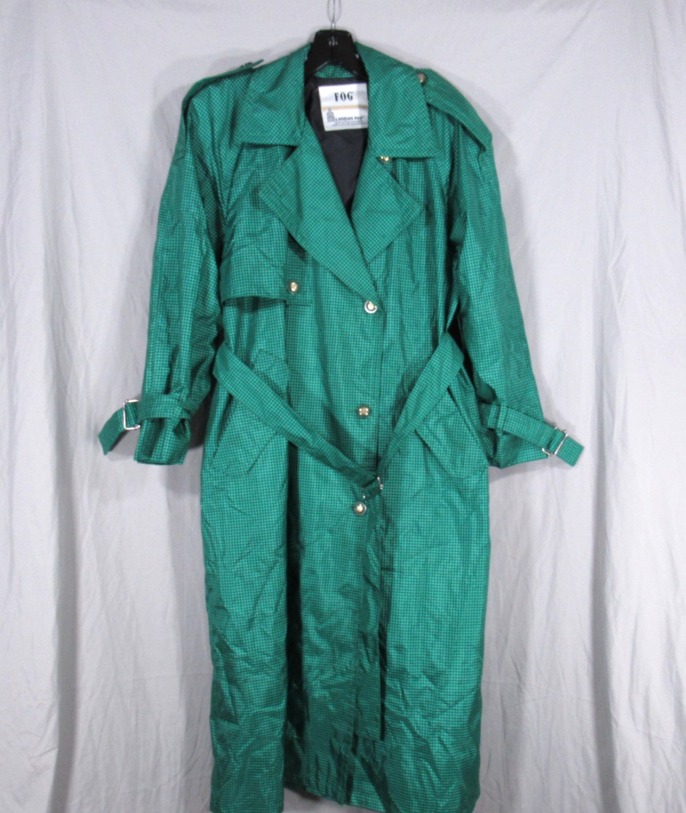 VTG LONDON FOG Petite GREEN/BLACK MICRO CHECKS Buttons w/Belt TRENCH COAT Sz 4P