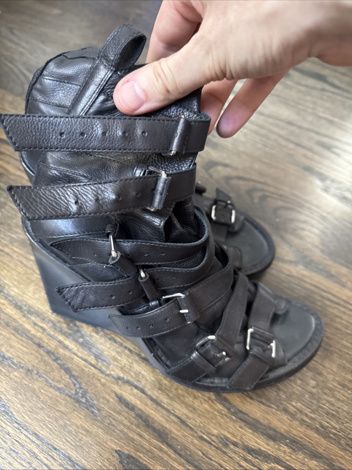 Ann Demeulemeester Black Leather Gladiator Wedge Sandals Sz 38