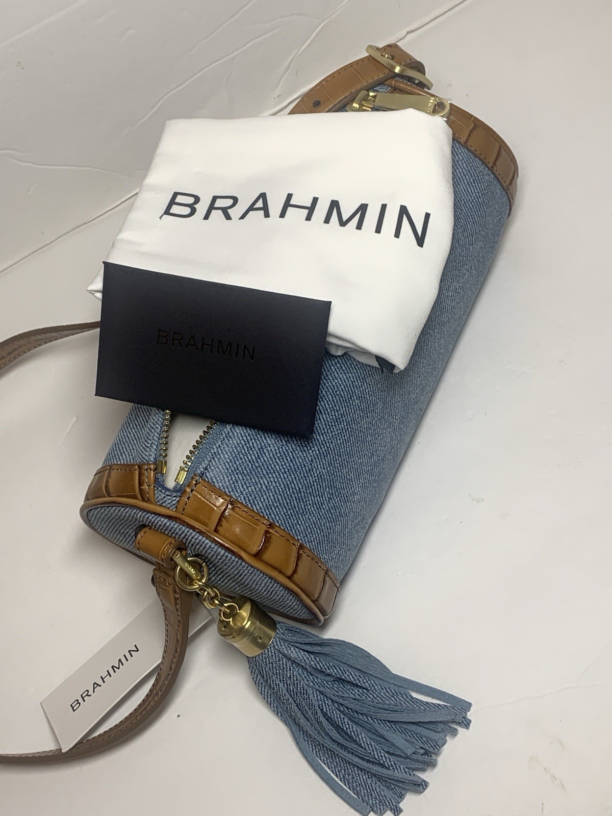 BRAHMIN Billie Barrel Shoulder Bag Denim Leather Brushed Gold Harrware NWT