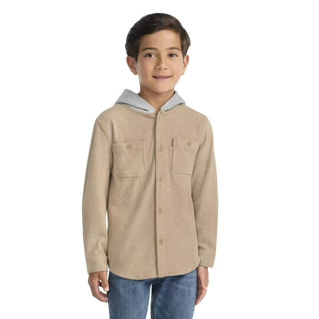 Levi’s Boys Warm Regular Fit Button Up Flannel Hooded Overshirt Iced Coffee M 8