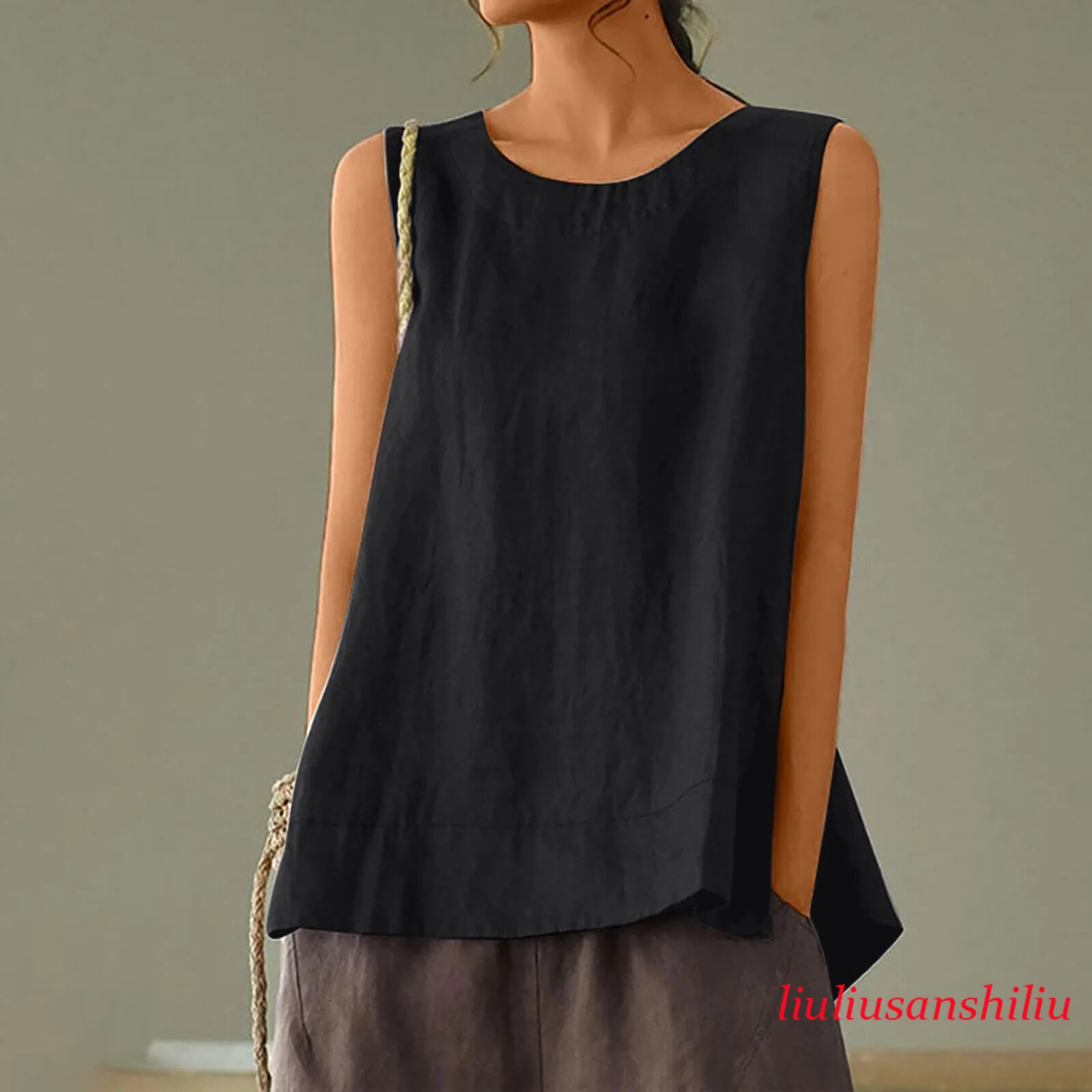 Solid Color Casual Cotton Linen Sleeveless Round Neck Soft and Breathable Top