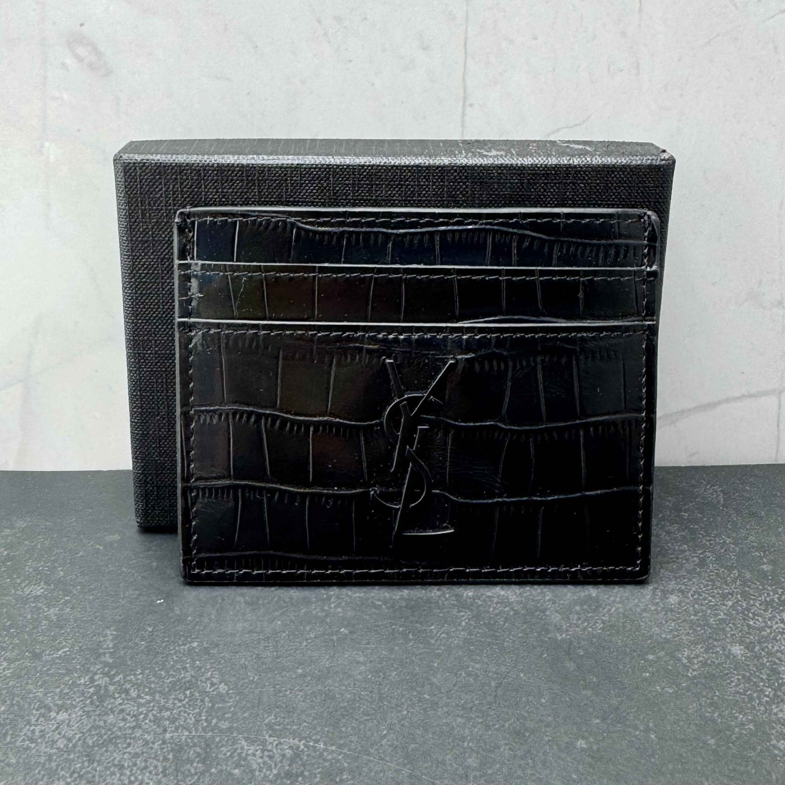 Saint Laurent Cassandre Card Case Glossy Black Croc Embossed Leather Logo
