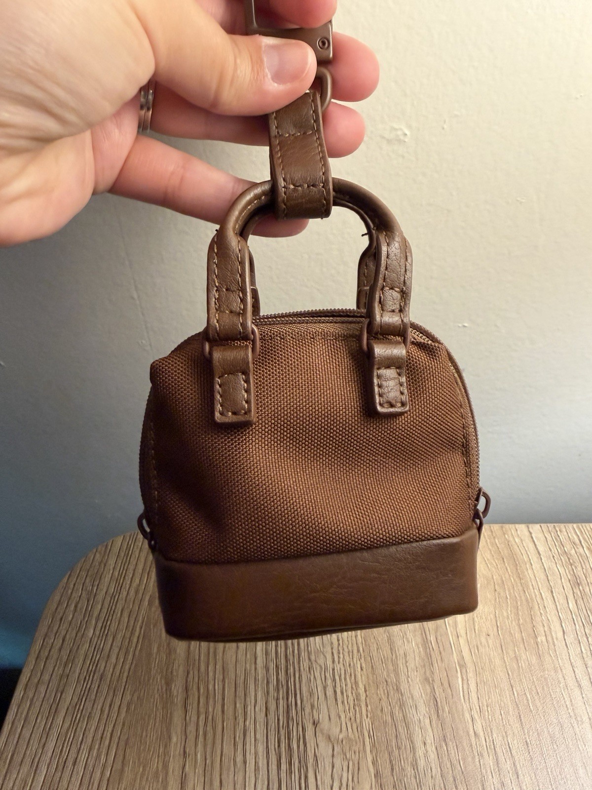 BÉIS Brown Mini Top Handle Bag Charm Accessory, Zipper Closure, Logo