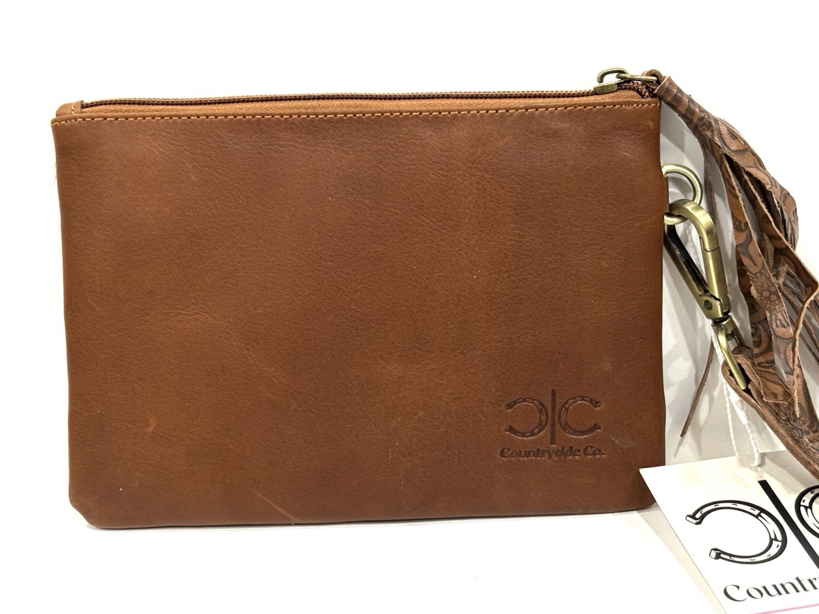 Countryside Co. Cowhide Tooled Leather Wristlet Clutch Brown White NWT