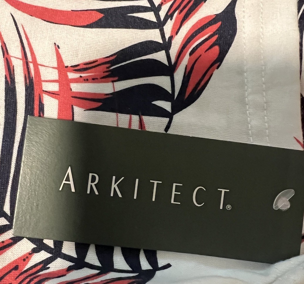 ARKITECT brand womens red and Blue Leaves cotton t shirt size L NWT