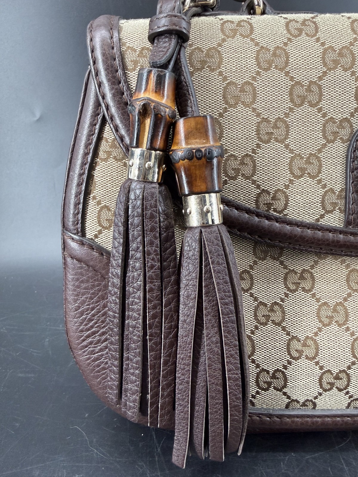 Gucci Beige/Ebony GG Canvas and Leather Large New Bamboo Top Handle Bag