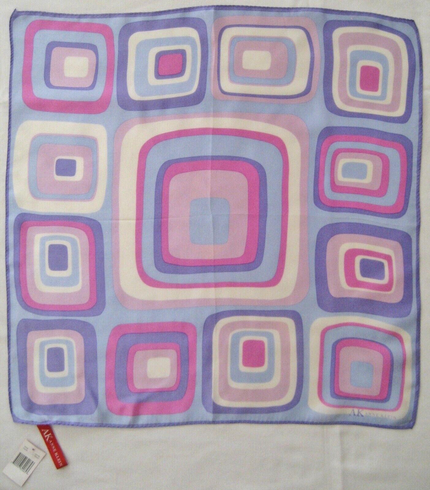 AK ANNE KLEIN Geometric Print Title “Violet” Silk Scarf 21×22” Made in Korea NWT