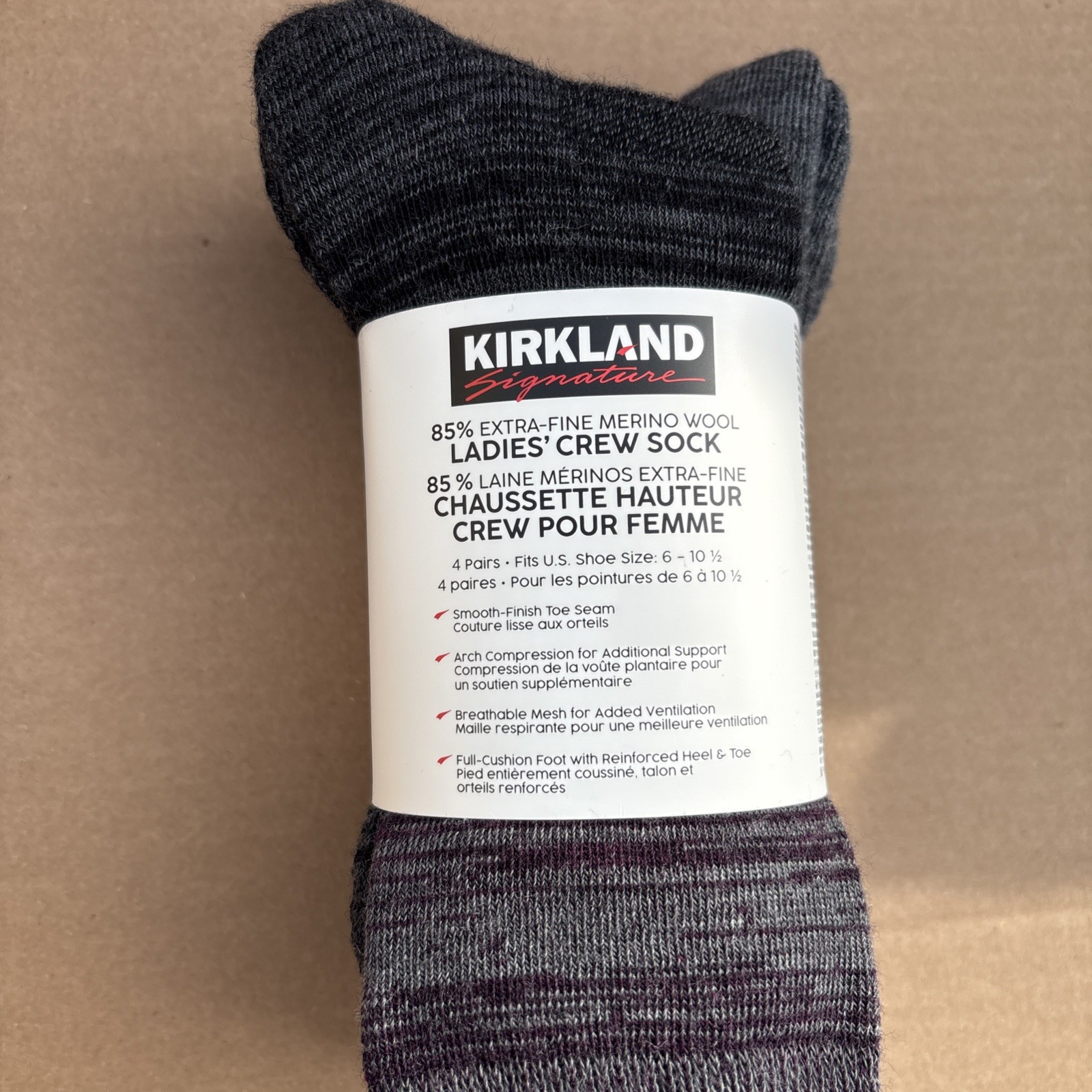 4 Pairs Kirkland Signature Women Ladies Extra Fine Merino Wool Blend Crew Socks