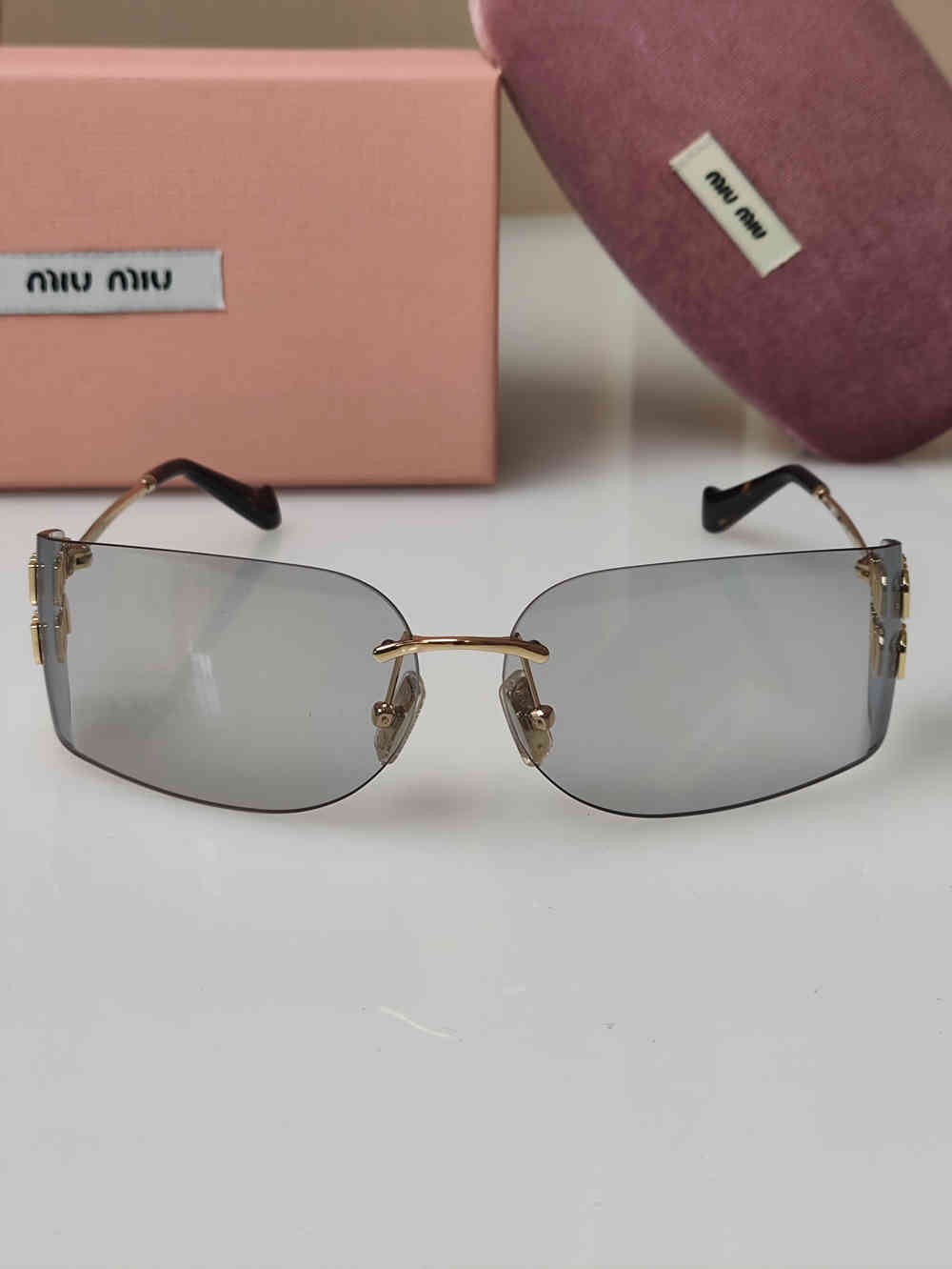 Miu Miu SMU A51 5AK-50K Light Gray Sunglasses Rectangle Authentic Designer New