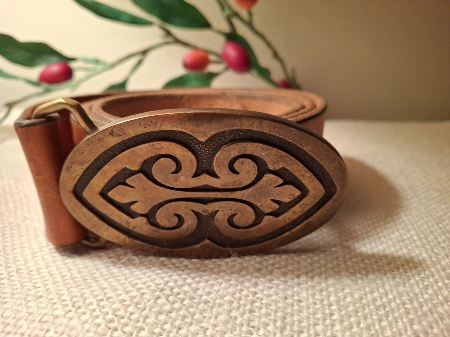 Solid Brass BTS Belt Buckle Made in USA Celtic Design Leather Belt ~40 inches