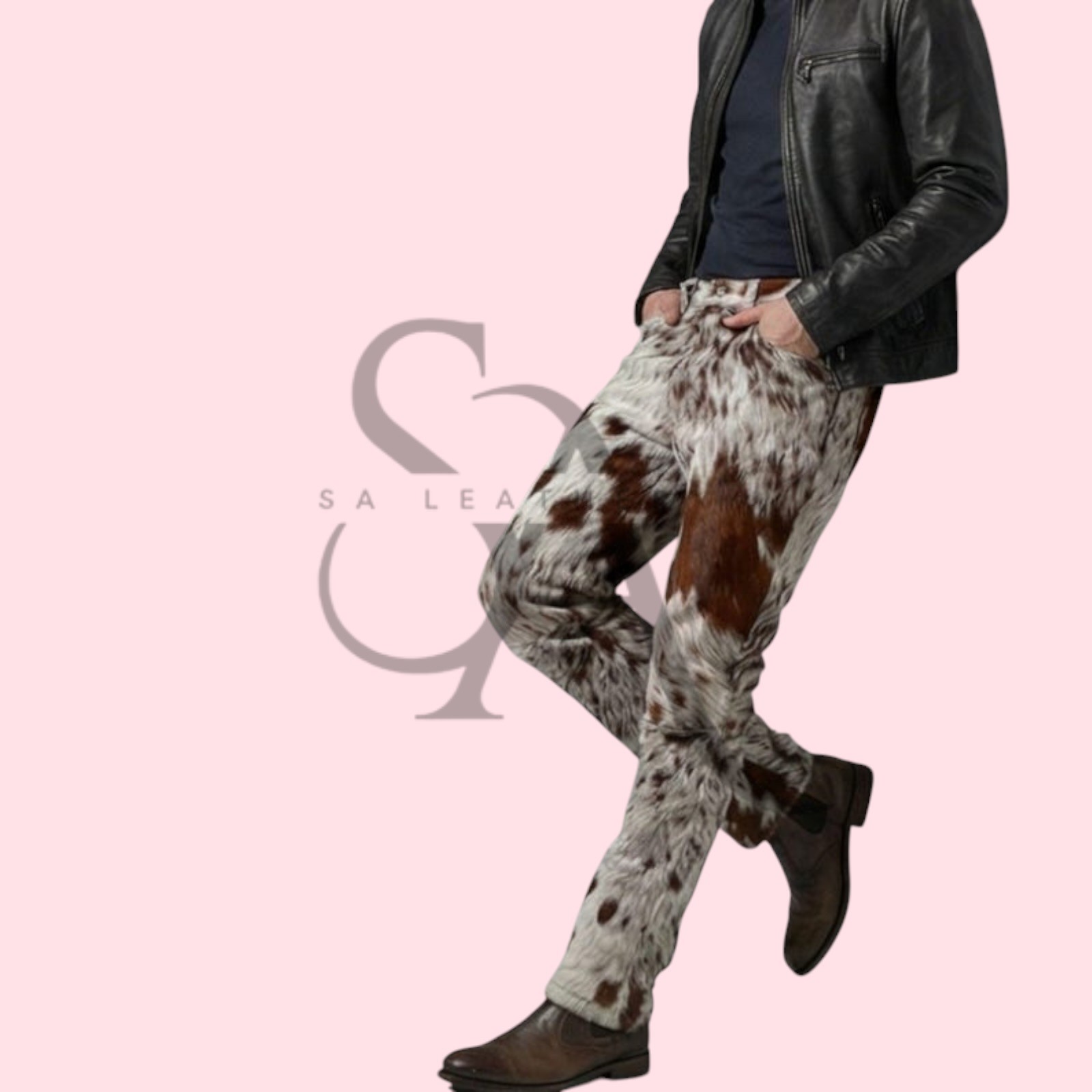 Handmade Men’s Brown & White Cowhide Leather Pants Hair on Hide Trousers Biker