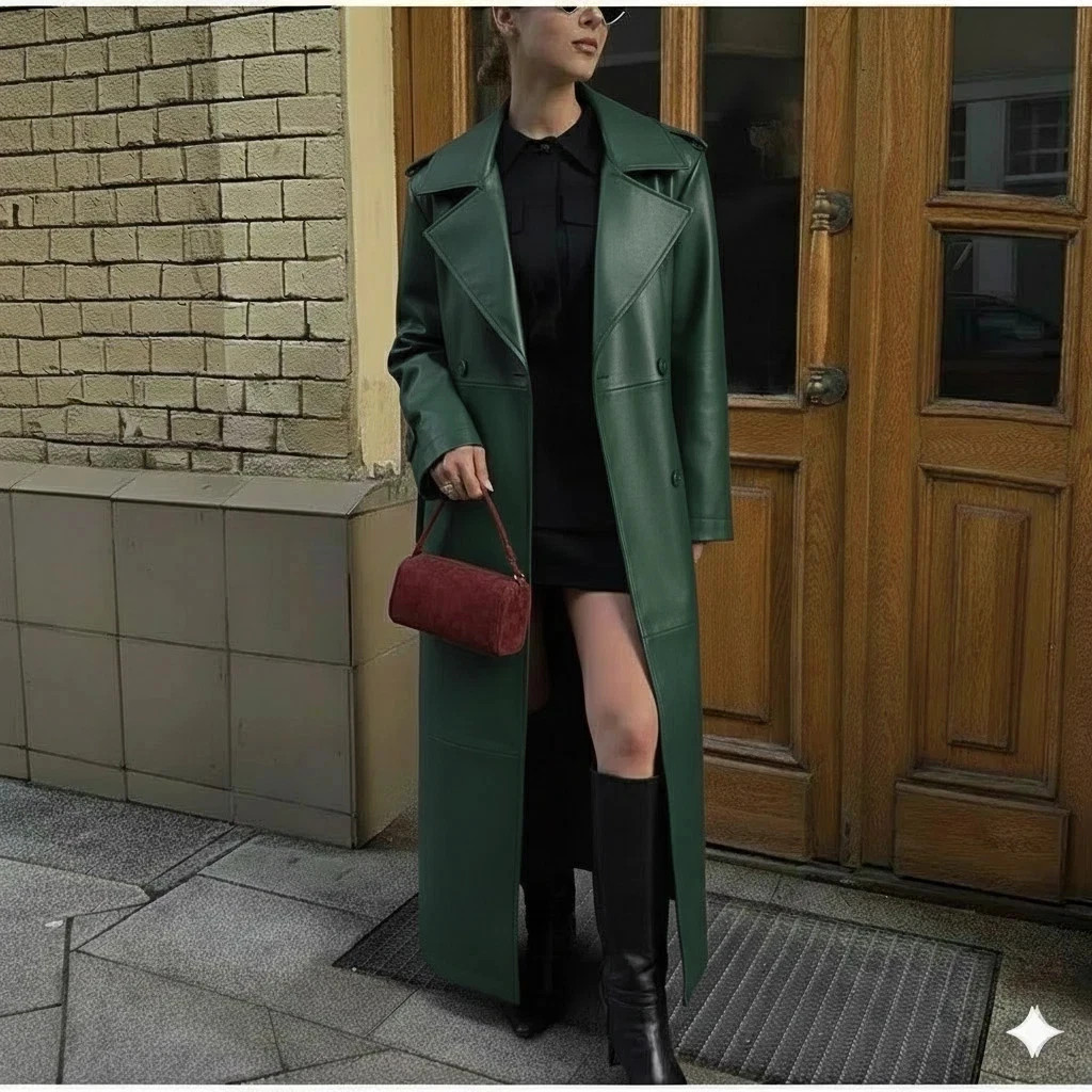 New Women’s Lambskin Leather Green Handmade Genuine Casual Fit Trench Coat Soft