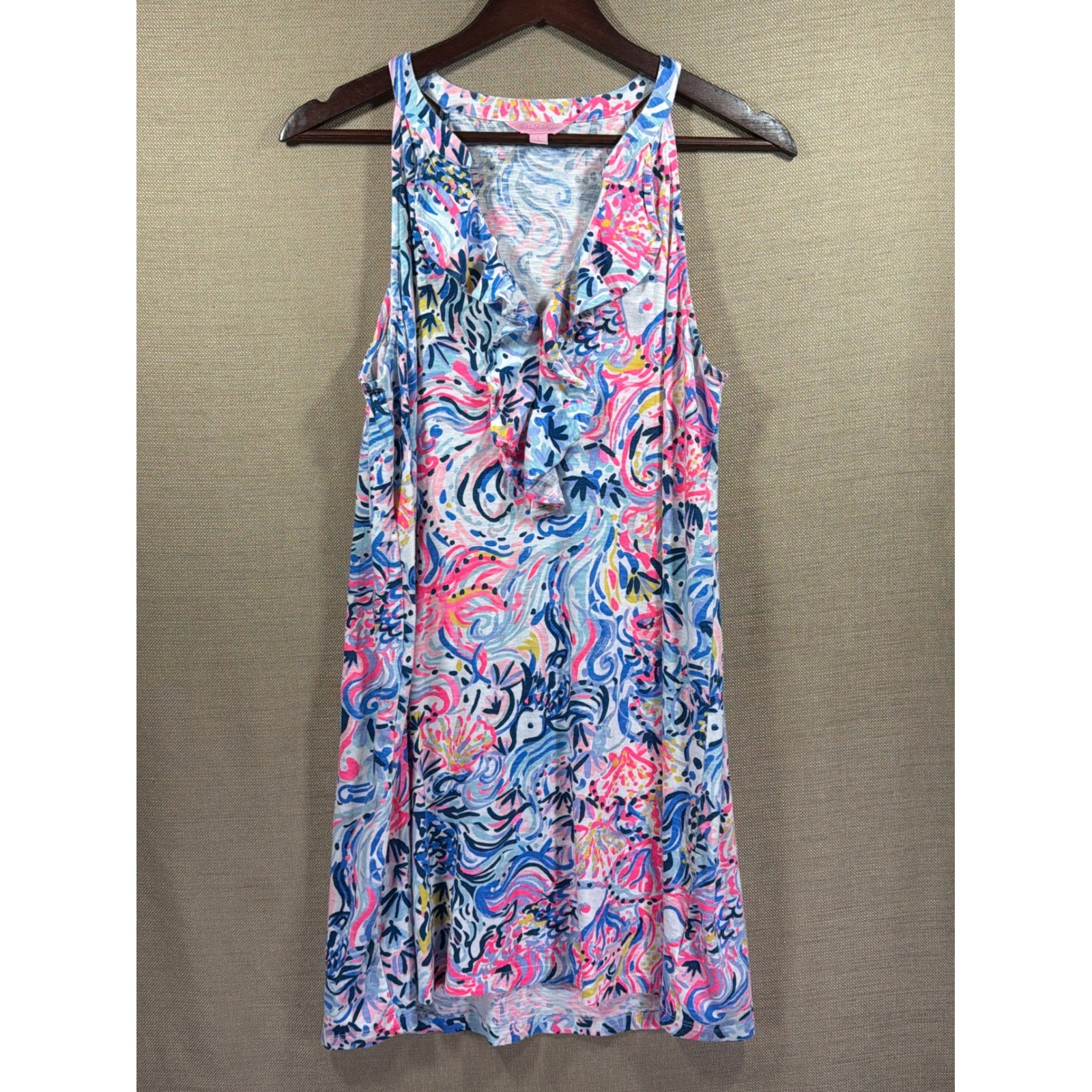 Lilly Pulitzer Essie Dress Beach Please Multi Sz L Ruffle Neck Sleeveless