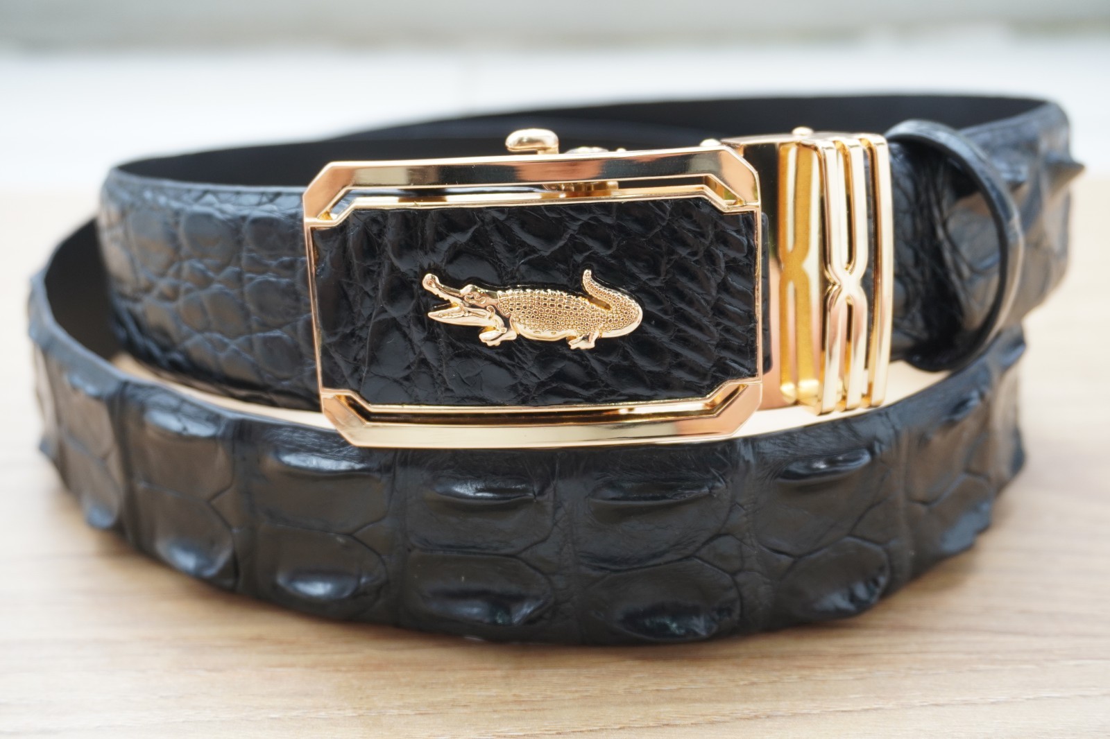 W1.3 inch Black Genuine Crocodile Hornback Leather Skin Men’s Belt Buckle #F24