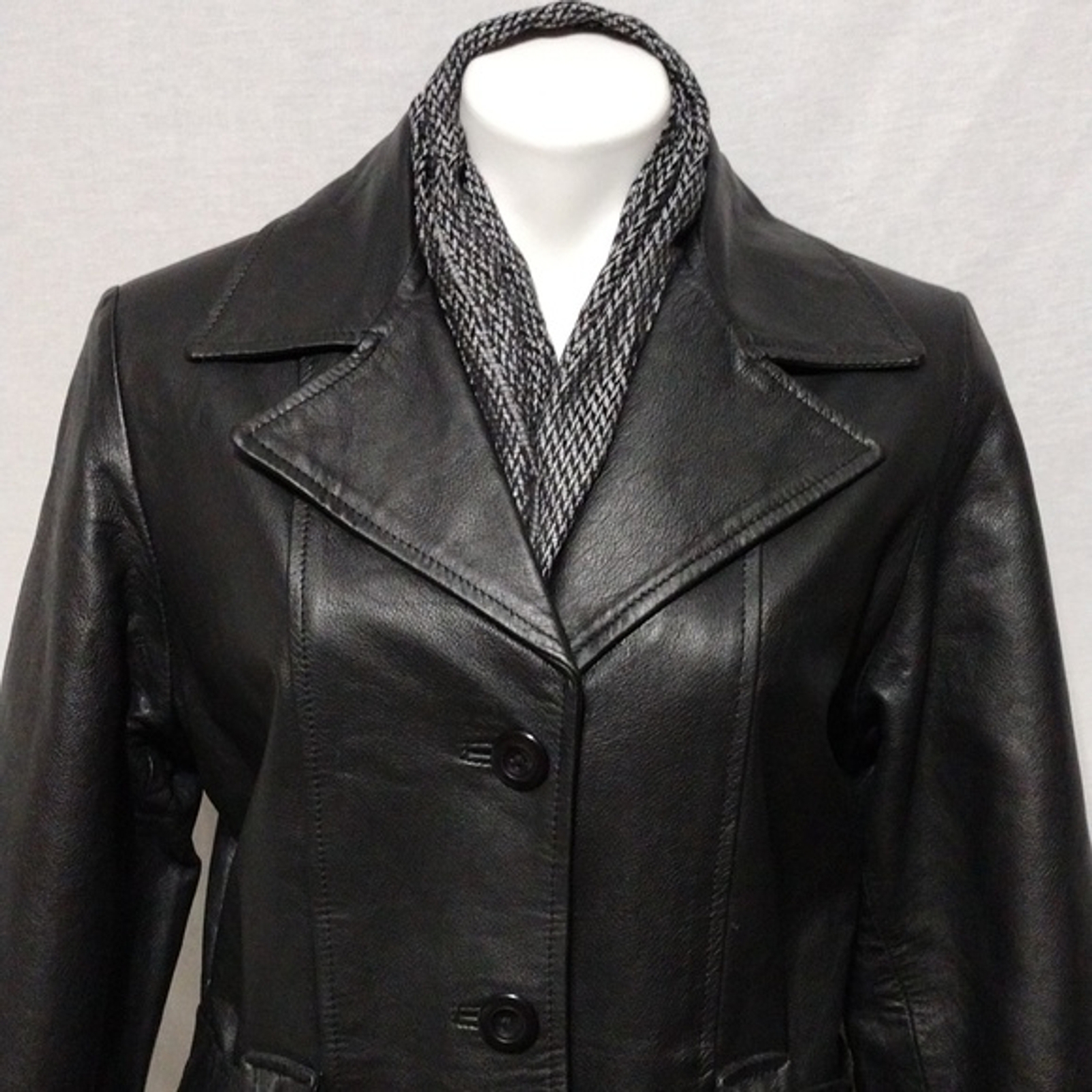 Phase 2 Vtg Gothic Black Leather Belted Button Down Jacket Coat MP Thigh Length