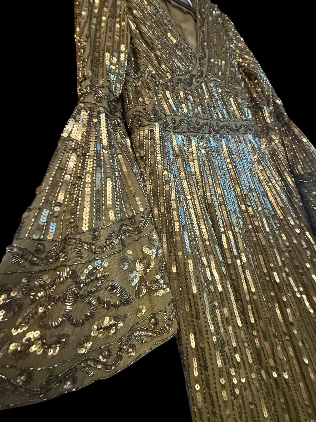 Mac Duggal 5591 Bell Sleeve Beaded Sequin Evening Dress Olive Gold NWT Size 14