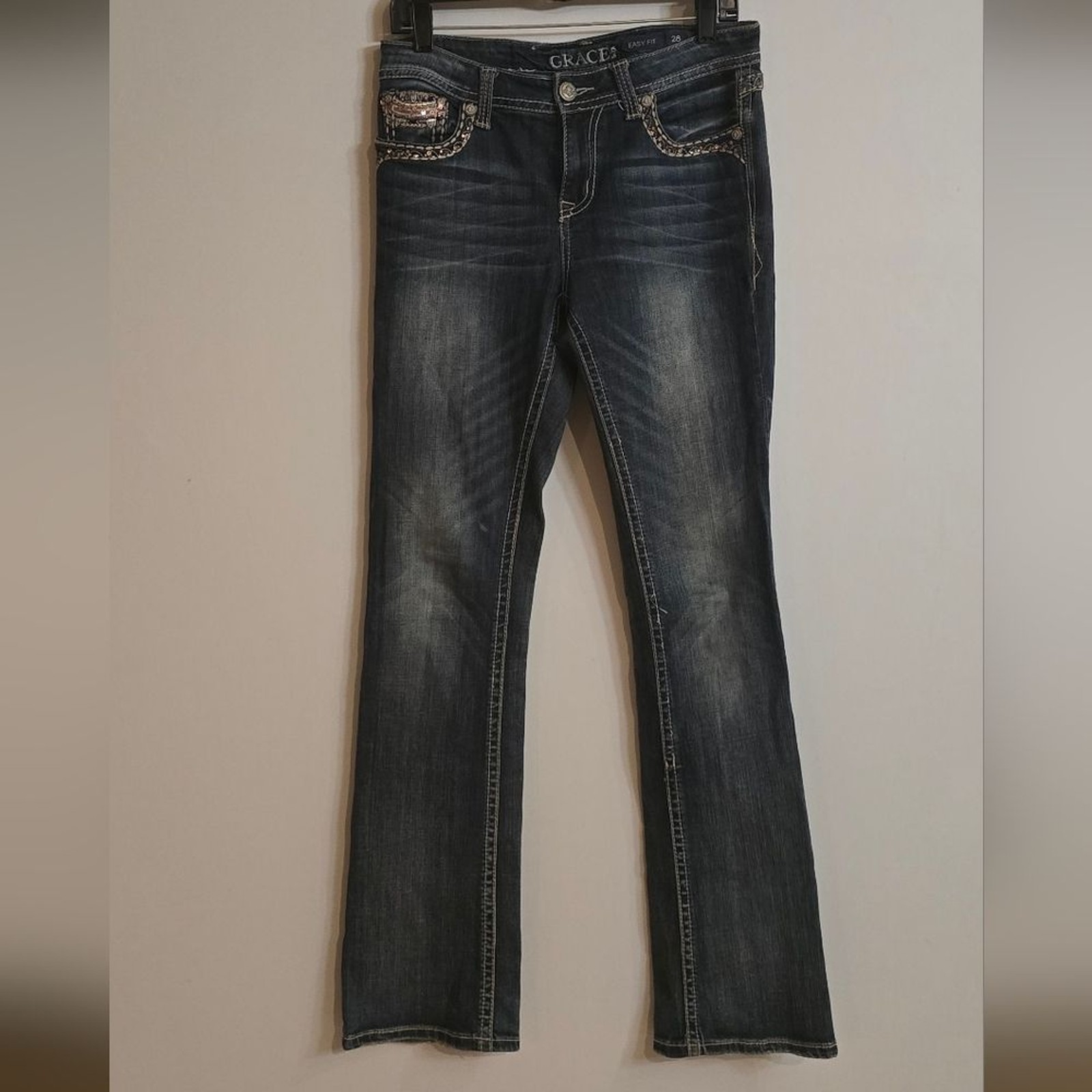 Grace Women’s Dark Blue Distressed Hem Jeans Easy Fit Size 28