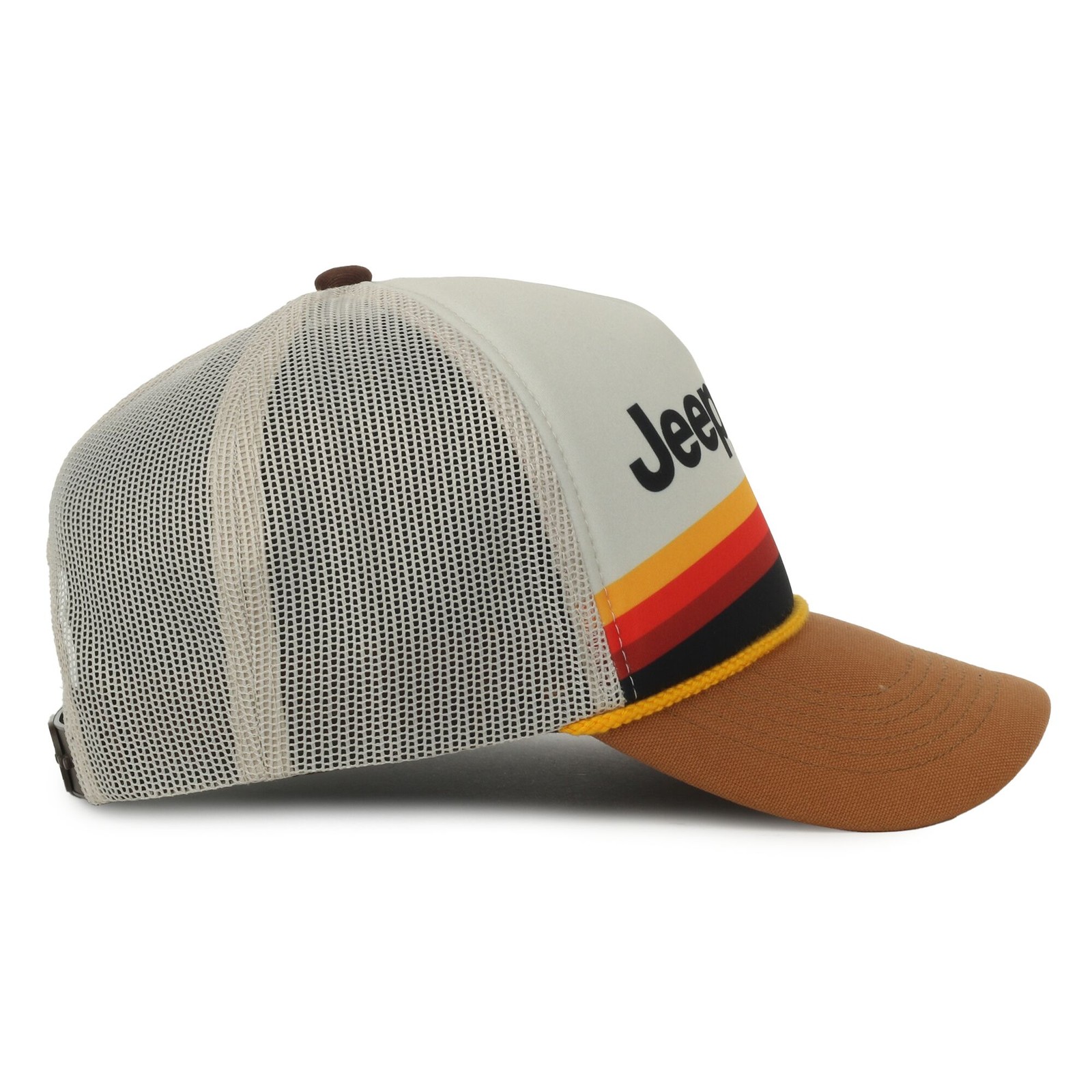 Jeep Retro White Mountain Graphic Trucker Hat Putty Pre-Curved Visor, Mesh Back
