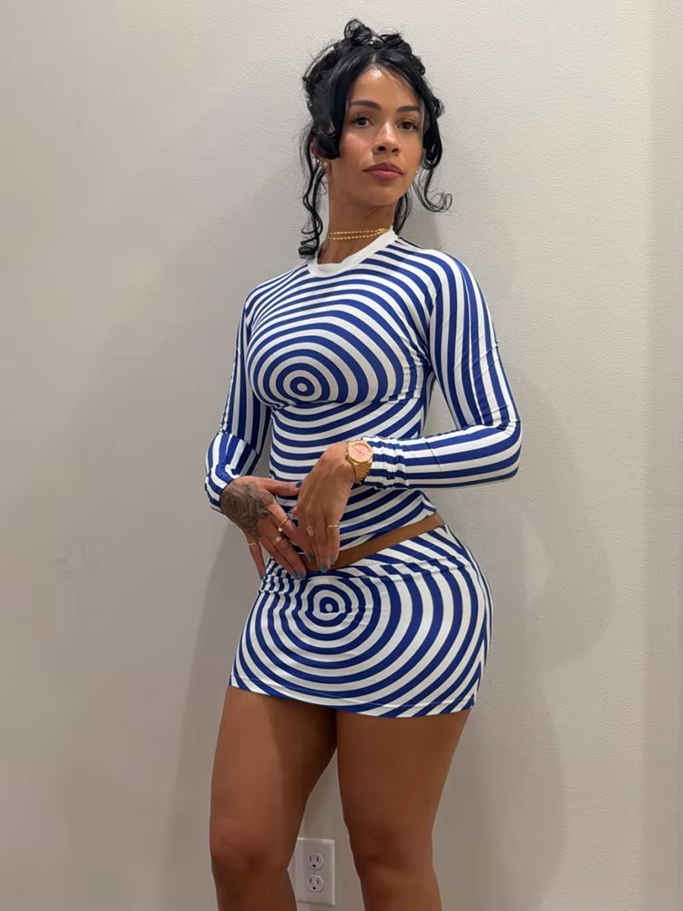 Sexy Women 2 Piece Set Crop Top & Skirt Outfit Long Sleeve Streetwear Clubwear T