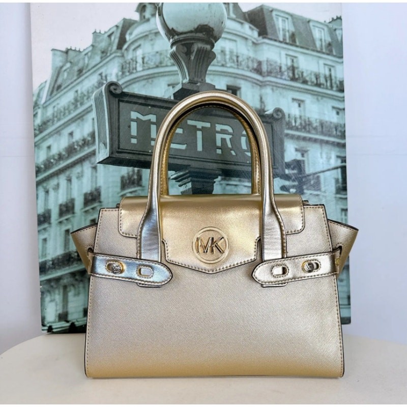 Michael Kors 35F3GNMS8M Carmen Medium Metallic Belted Satchel IN PALE GOLD