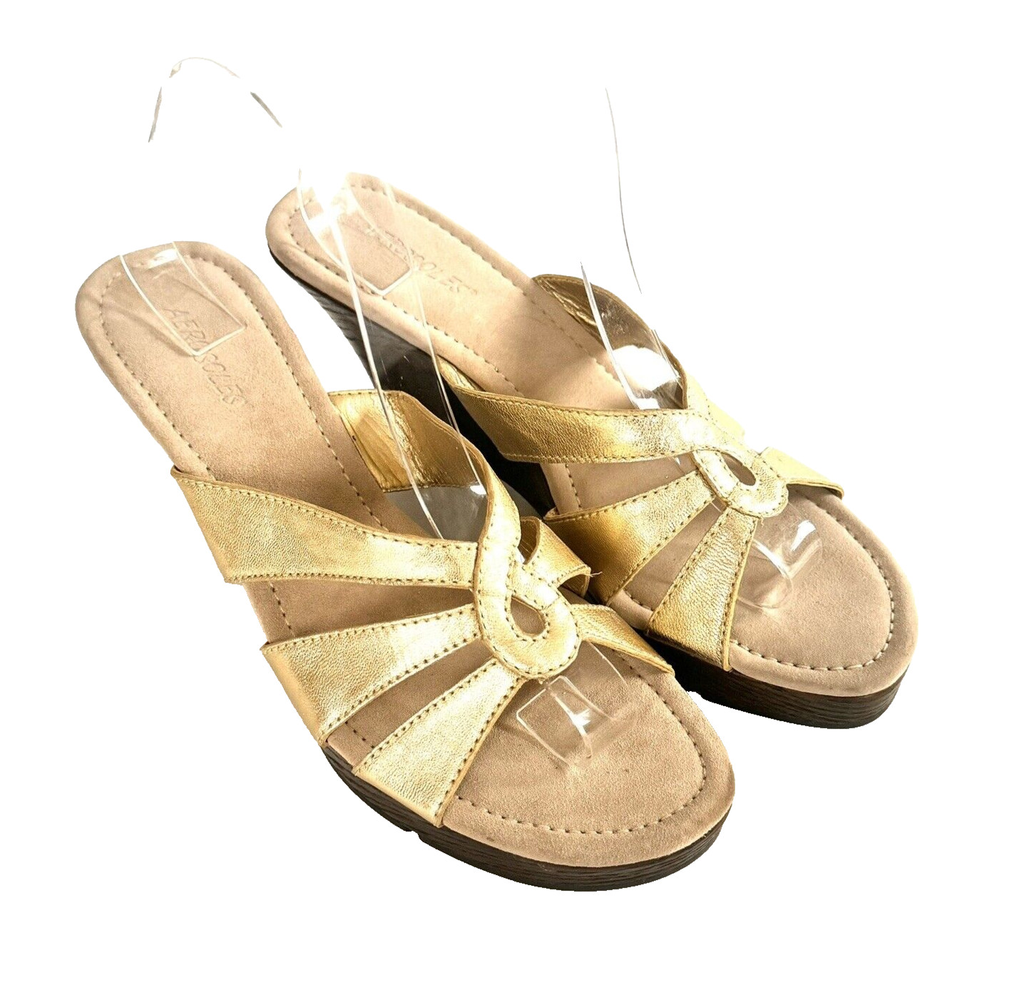 Gold Leather Aerosoles 9M Platform Wedge Comfort Sandals Slides NWOT