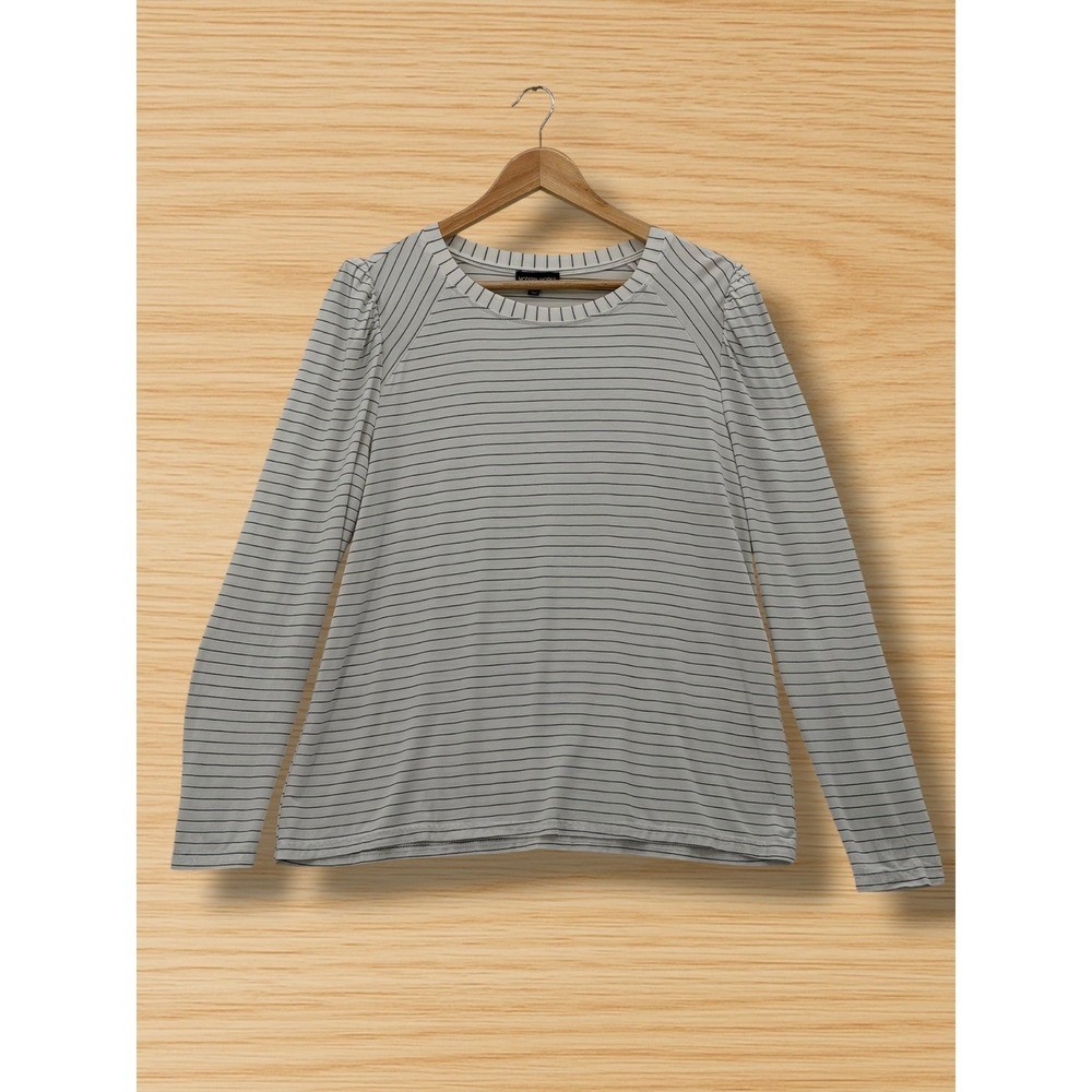 Modern Works Striped Puff Shoulder Rayon Blend Long Sleeve Top Large