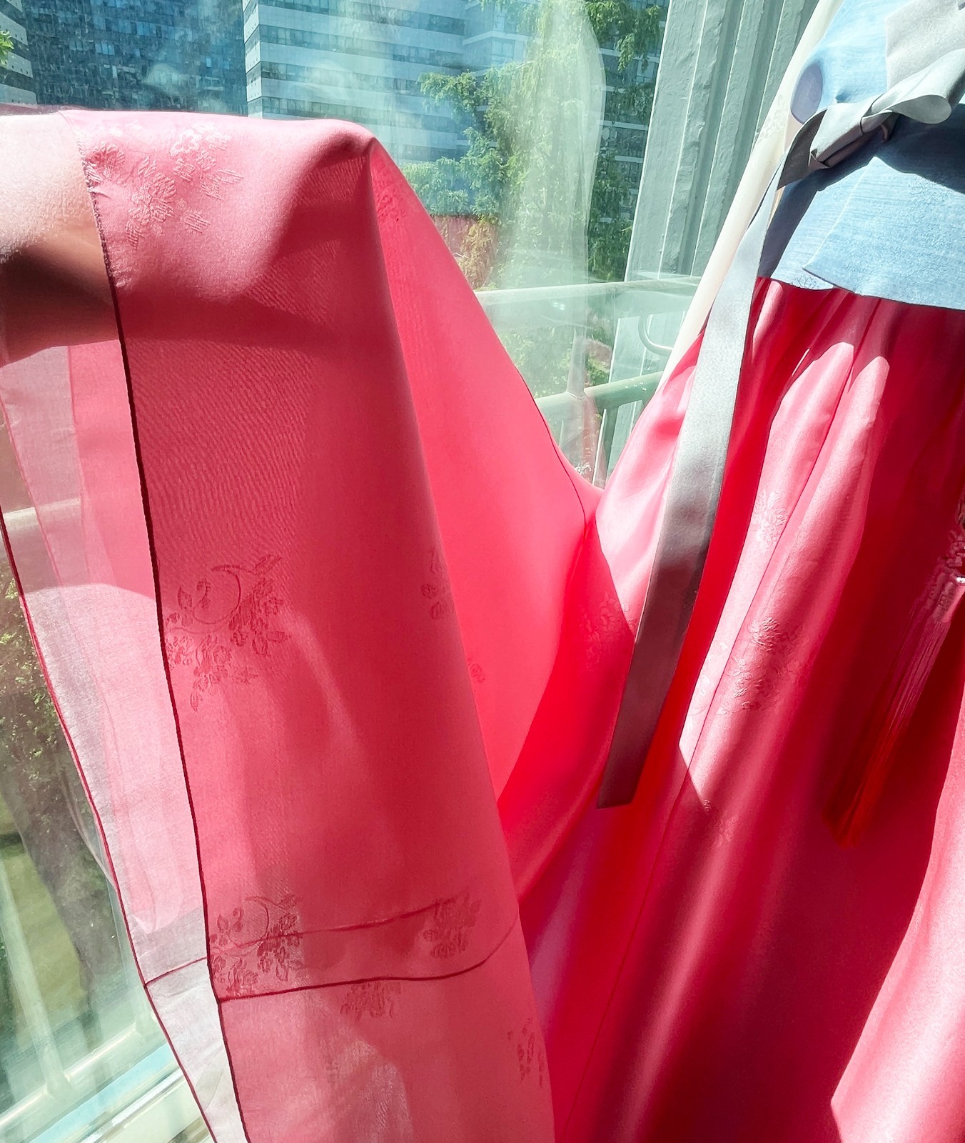 Premium Silk Traditional Korean Hanbok Dress–Light Blue & Pink/Hand bag / Junior